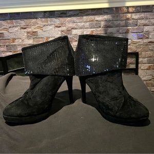 Black sequined high heel ankle boots